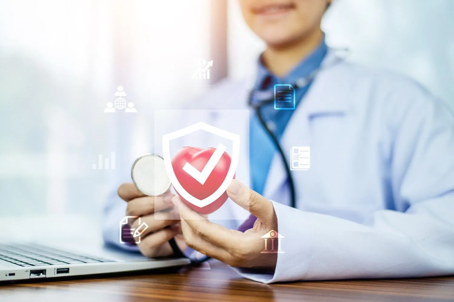 A doctor holding a stethoscope behind a shield with a heart